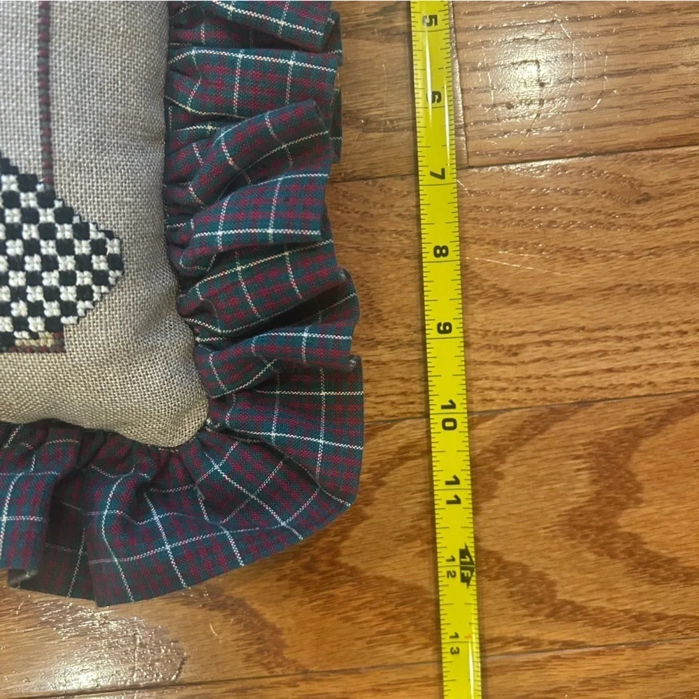 Handmade Crossstitch Christmas Ruffled Plaid Accent Pillow Holiday Santa Vintage
